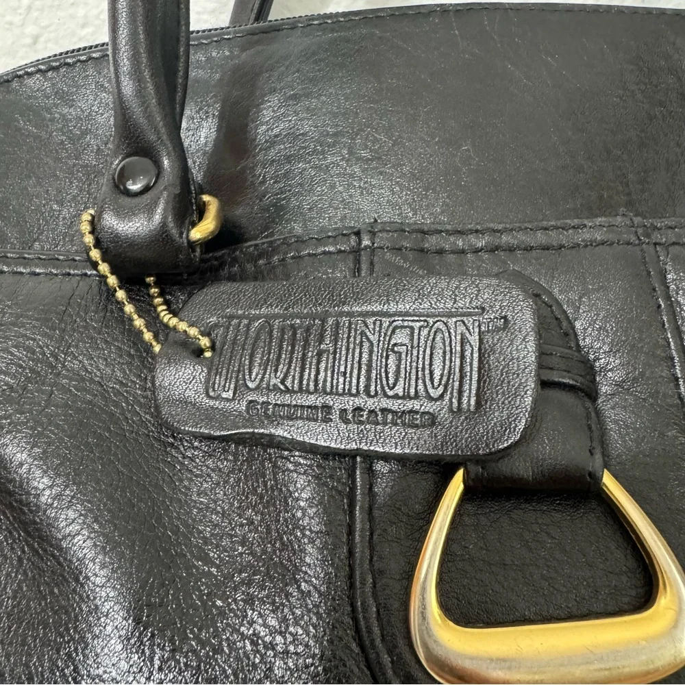 Worthington Black Leather Handbag Double‎ Handle Vintage 90s Y2K Gold Accents